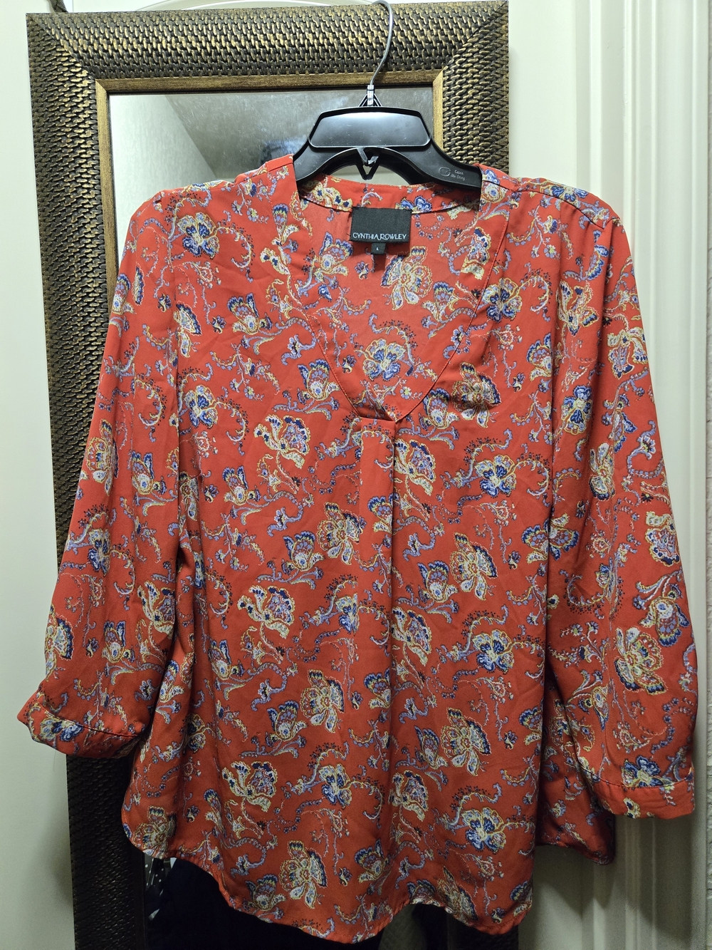 Cynthia Rowley Red/Cobalt Blue Paisley V-Neck Tunic Blouse